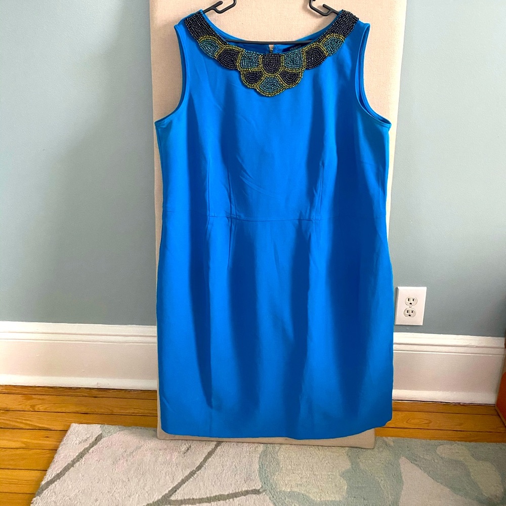 Blue sheath dress with beaded neckline